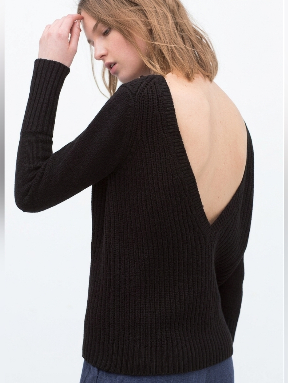 Zara Womens Black 100% Cotton Chunky Knit Sweater Deep V Open Back Ribbed Size M